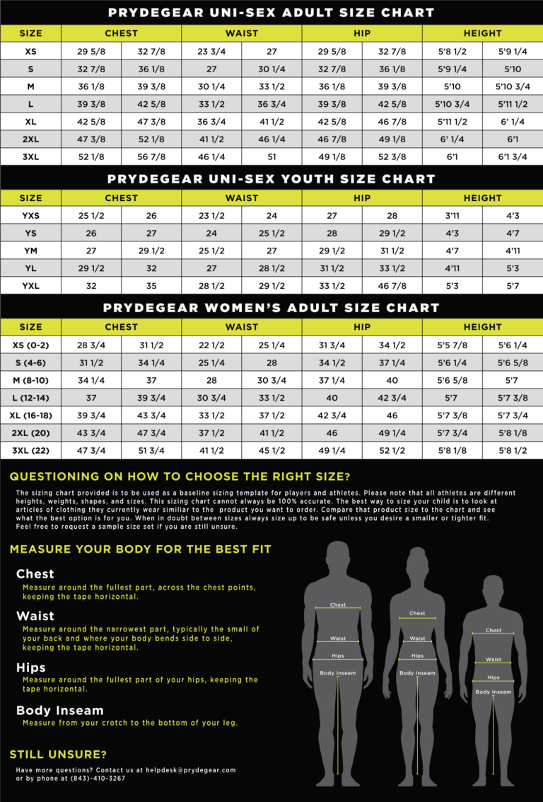 Sizing Chart Pryde Gear